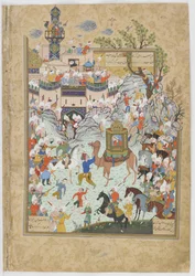 Aziz und Zulaykha betreten die Hauptstadt Ägyptens und die Ägypter kommen heraus, um sie zu begrüßen, Illustration aus einem Haft awrang